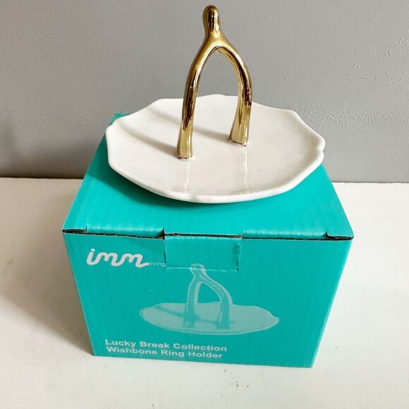 IMM Lucky Break Wishbone Ring Holder White Porcelain Gold Jewelry Holder NIB NEW - Picture 2 of 8